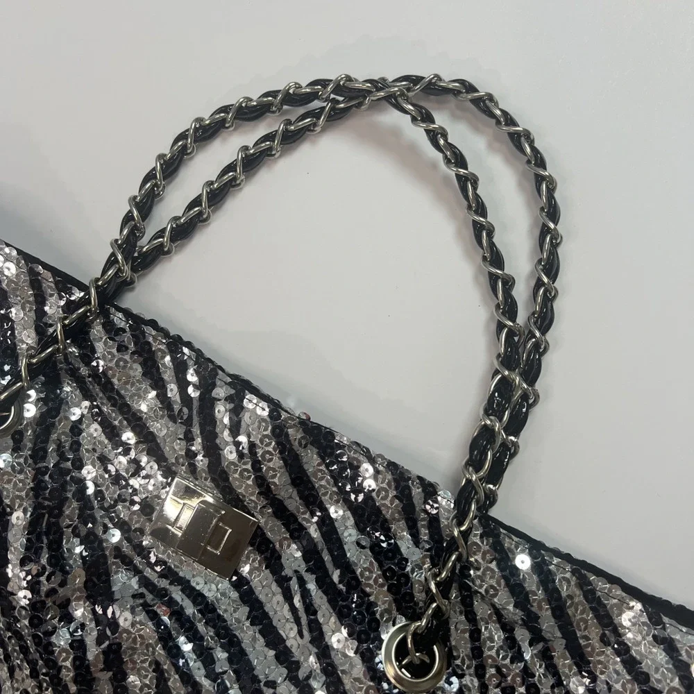 Under One Sky Medium Zebra Print Sequins Black & Silver Tote Bag‎